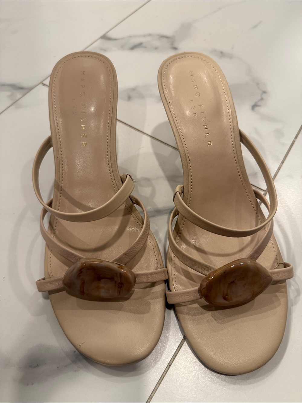 Marc Fisher Beige Strappy Slide Sandals with Tortoiseshell Accent
